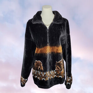 Vtg 90s Images Fur Fuzzy Comfy Soft Brown Black Bear Outdoor Fleece Zip Up Coat